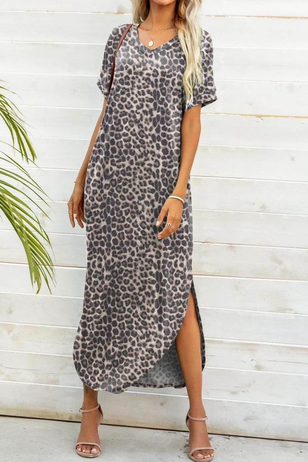 Printed V-Neck Curved Hem Dress - Body By J'ne