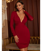 Ribbed Deep V Long Sleeve Mini Bandage Dress - Body By J'ne