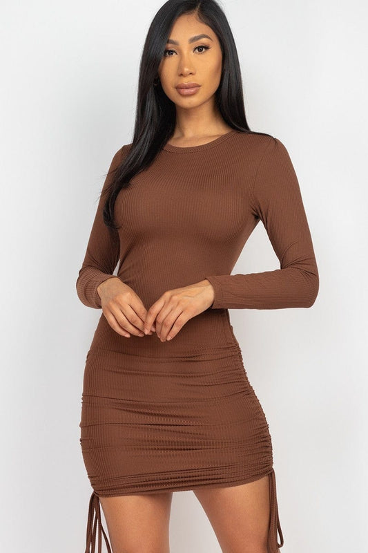 Ribbed long sleeve drawstring bodycon dress - Body By J'ne