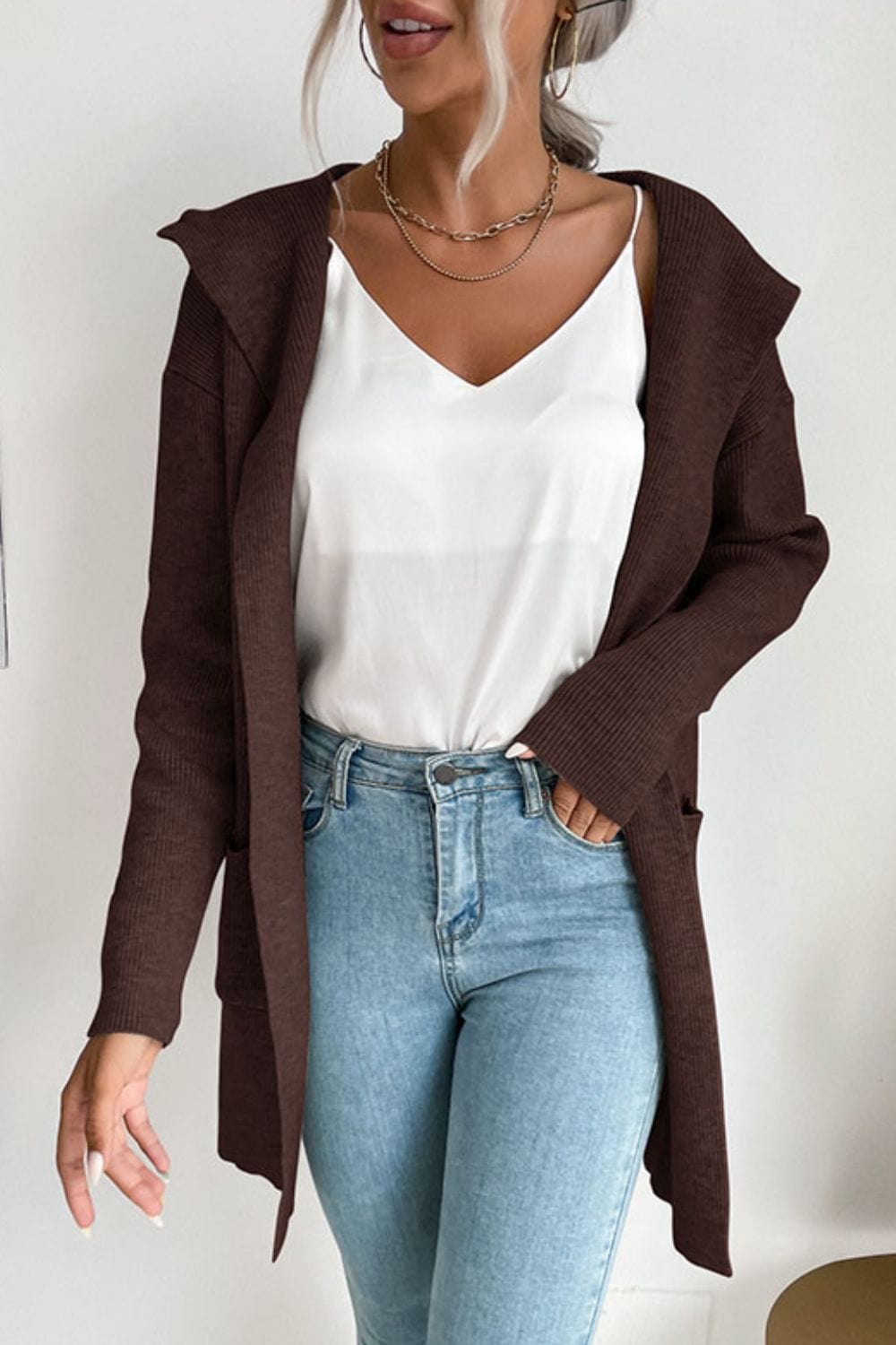 Ribbed Open Front Hooded Cardigan with Pockets - Body By J'ne