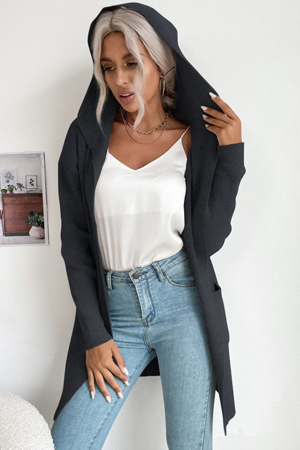 Ribbed Open Front Hooded Cardigan with Pockets - Body By J'ne