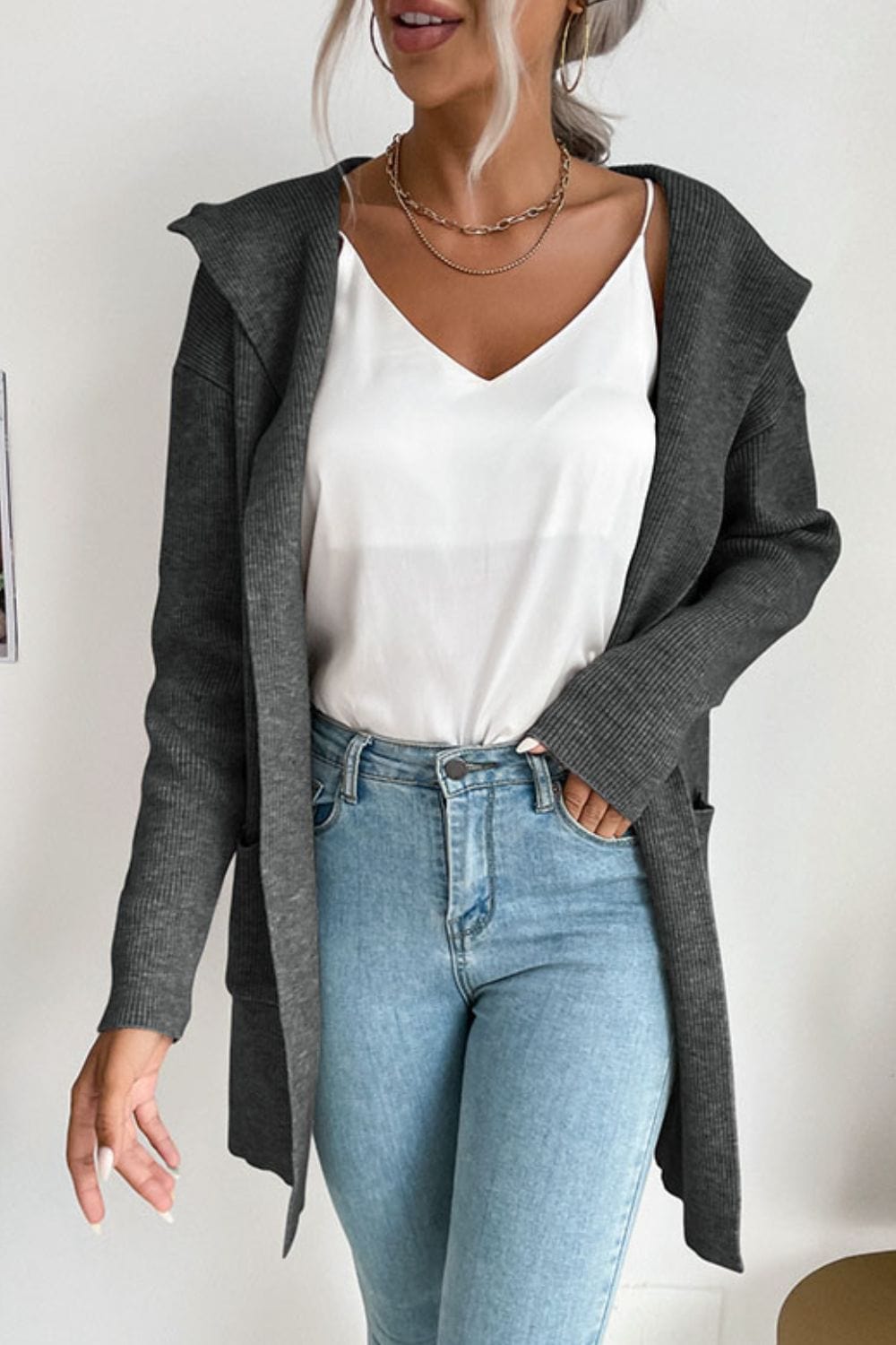 Ribbed Open Front Hooded Cardigan with Pockets - Body By J'ne