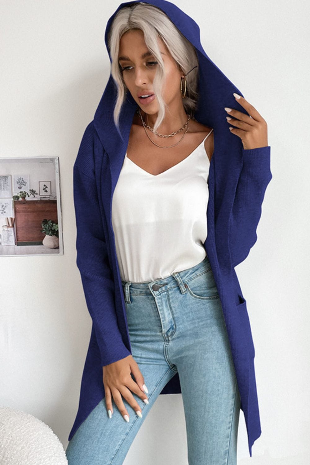 Ribbed Open Front Hooded Cardigan with Pockets - Body By J'ne