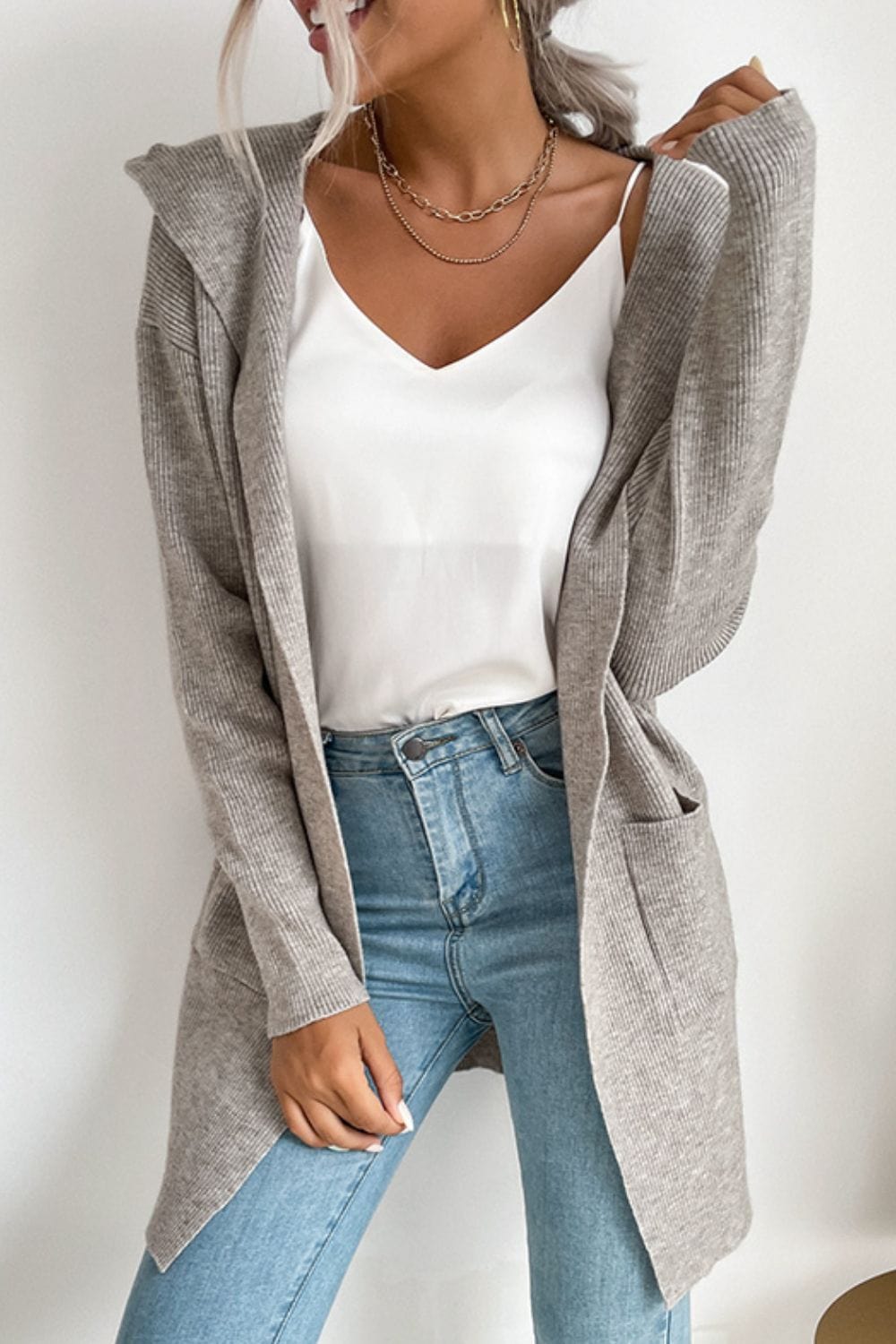 Ribbed Open Front Hooded Cardigan with Pockets - Body By J'ne