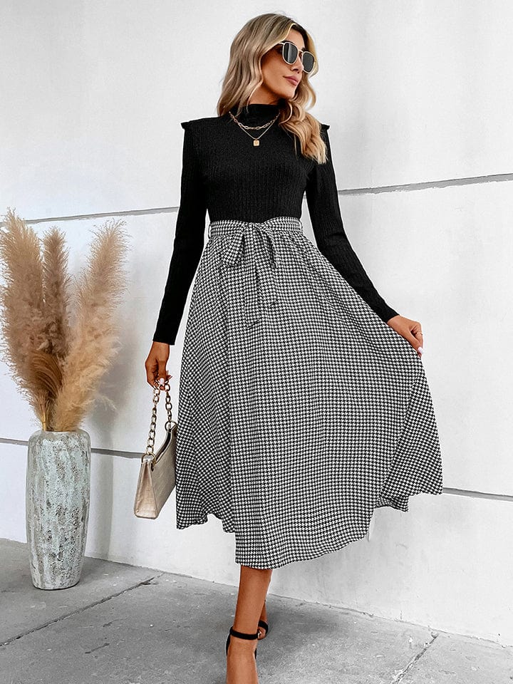 Ribbed Round Neck Long Sleeve Tie Waist Midi Dress - Body By J'ne