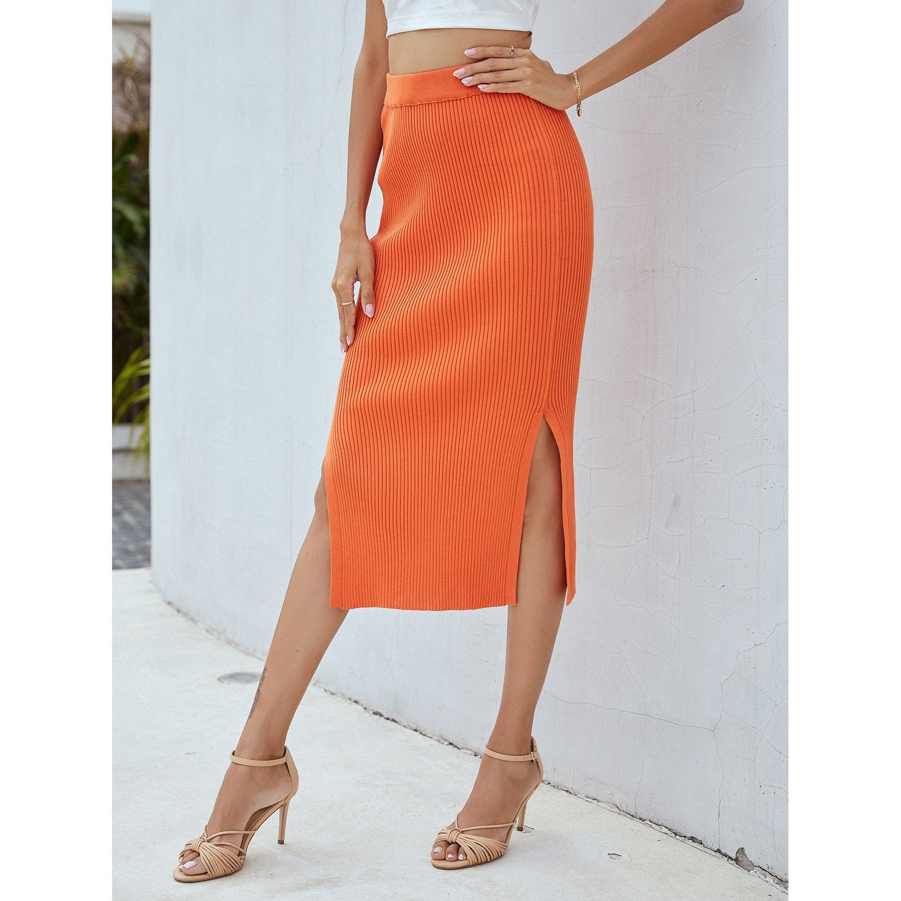 Ribbed Side Slit Midi Skirt - Body By J'ne