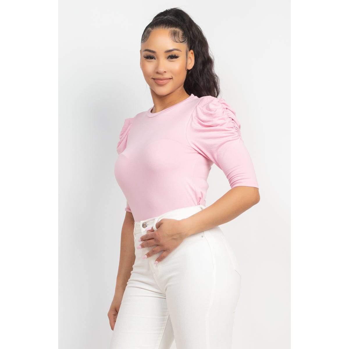 Round Neck Puff Ruched Sleeve Top - Body By J'ne