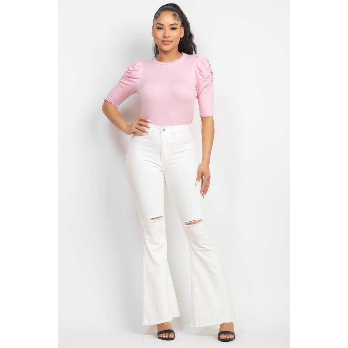 Round Neck Puff Ruched Sleeve Top - Body By J'ne