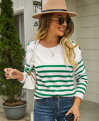 Round Neck Shoulder Button Striped Pullover Sweater - Body By J'ne