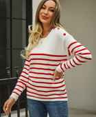 Round Neck Shoulder Button Striped Pullover Sweater - Body By J'ne