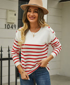 Round Neck Shoulder Button Striped Pullover Sweater - Body By J'ne