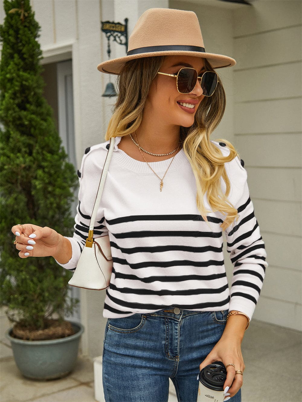 Round Neck Shoulder Button Striped Pullover Sweater - Body By J'ne