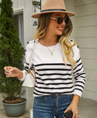 Round Neck Shoulder Button Striped Pullover Sweater - Body By J'ne