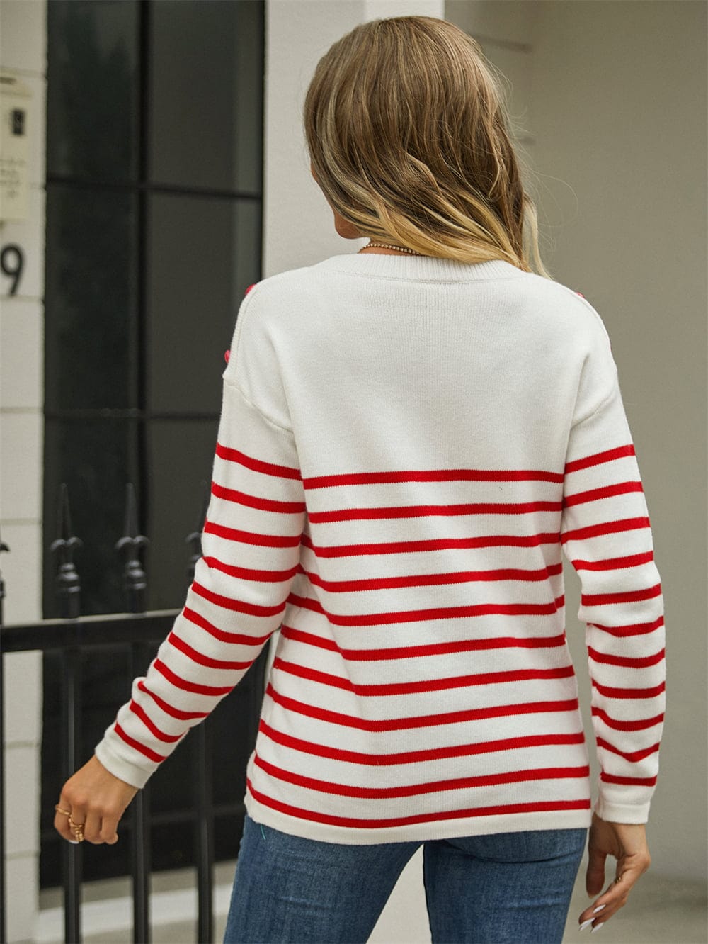 Round Neck Shoulder Button Striped Pullover Sweater - Body By J'ne