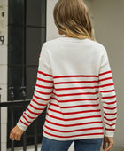 Round Neck Shoulder Button Striped Pullover Sweater - Body By J'ne