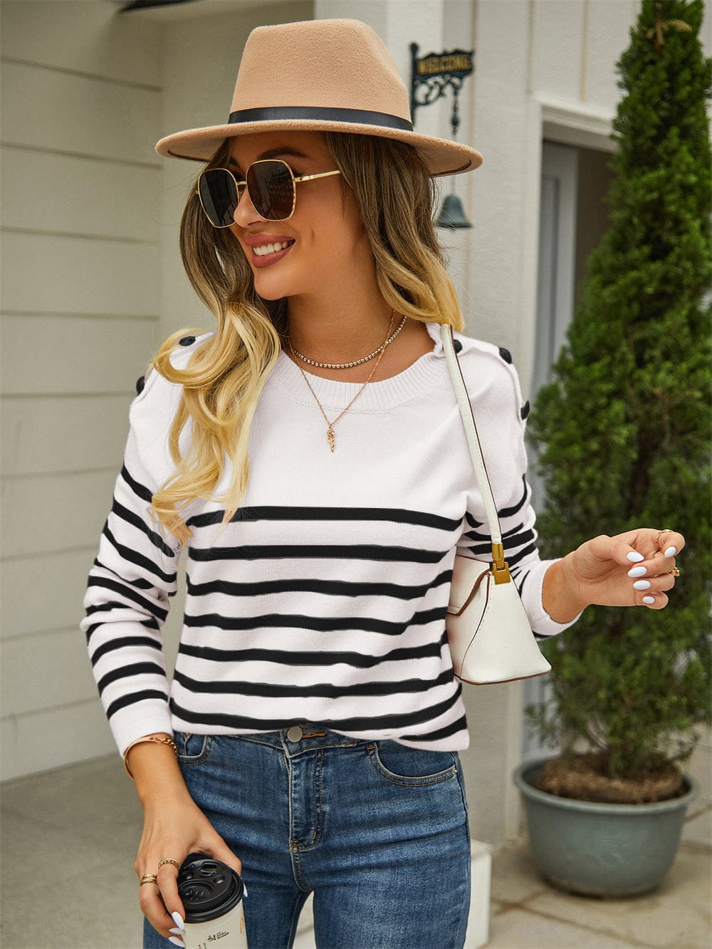 Round Neck Shoulder Button Striped Pullover Sweater - Body By J'ne