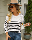 Round Neck Shoulder Button Striped Pullover Sweater - Body By J'ne