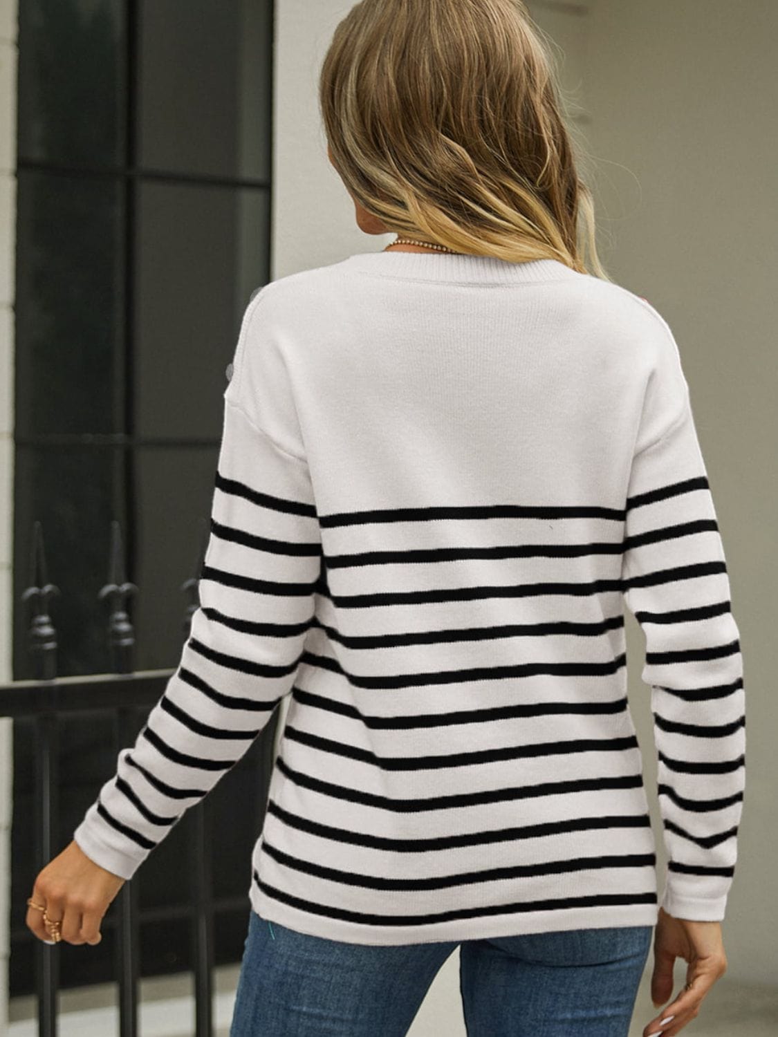 Round Neck Shoulder Button Striped Pullover Sweater - Body By J'ne