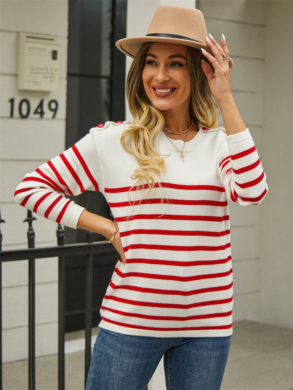 Round Neck Shoulder Button Striped Pullover Sweater - Body By J'ne