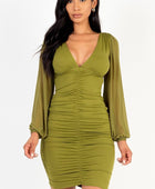 Ruched mesh long sleeve v-neck mini dress - Body By J'ne