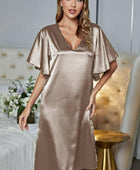 Satin Flutter Sleeve Side Slit V-Neck Night Dress - Body By J'ne