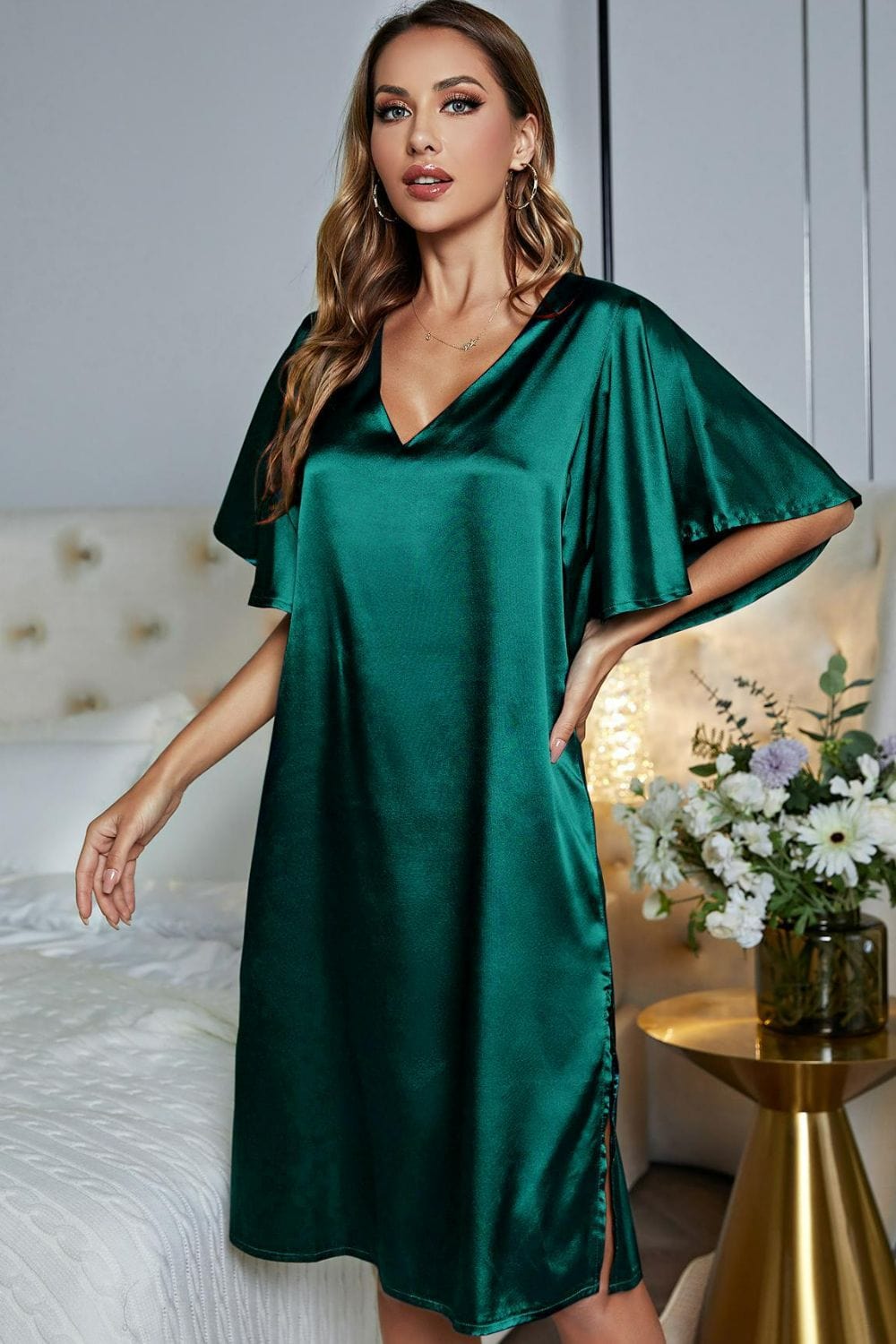 Satin Flutter Sleeve Side Slit V-Neck Night Dress - Body By J'ne