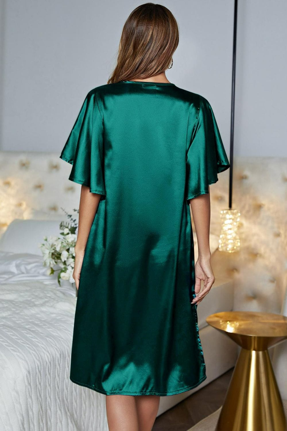 Satin Flutter Sleeve Side Slit V-Neck Night Dress - Body By J'ne