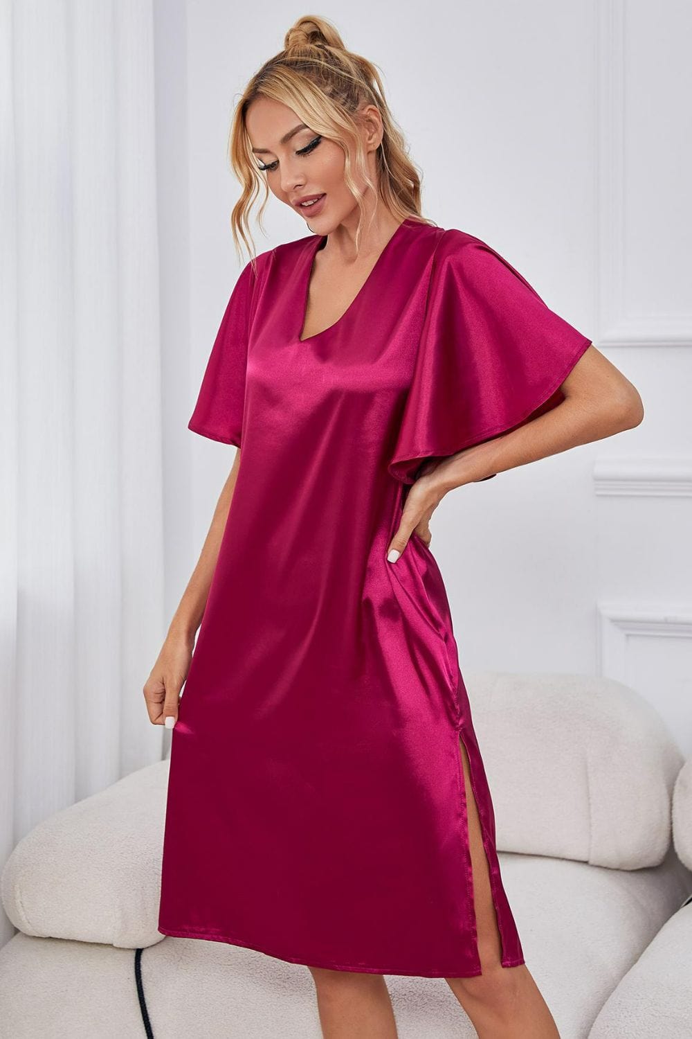 Satin Flutter Sleeve Side Slit V-Neck Night Dress - Body By J'ne