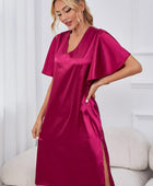 Satin Flutter Sleeve Side Slit V-Neck Night Dress - Body By J'ne