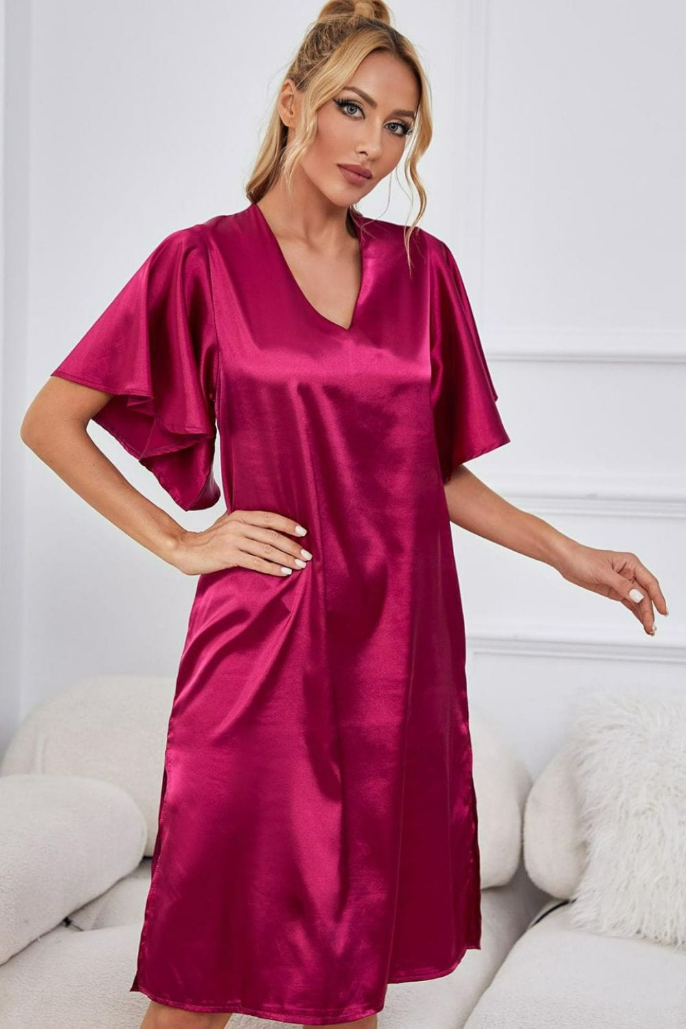 Satin Flutter Sleeve Side Slit V-Neck Night Dress - Body By J'ne