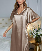 Satin Flutter Sleeve Side Slit V-Neck Night Dress - Body By J'ne