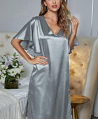 Satin Flutter Sleeve Side Slit V-Neck Night Dress - Body By J'ne