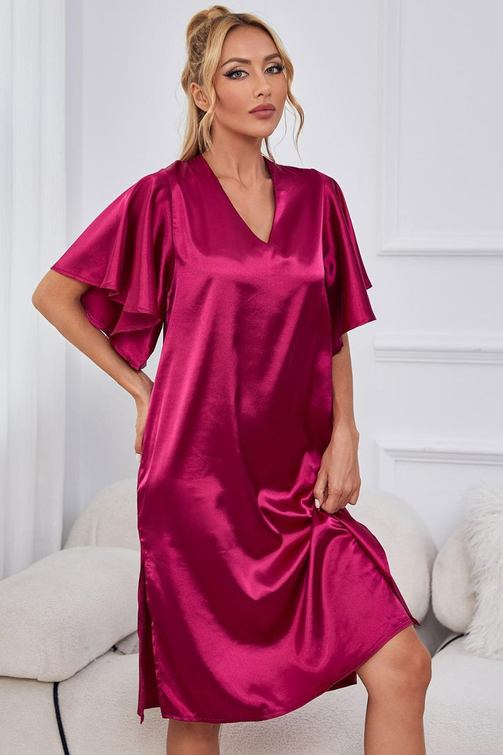 Satin Flutter Sleeve Side Slit V-Neck Night Dress - Body By J'ne