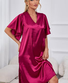 Satin Flutter Sleeve Side Slit V-Neck Night Dress - Body By J'ne