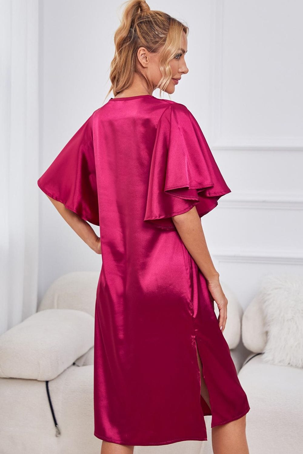 Satin Flutter Sleeve Side Slit V-Neck Night Dress - Body By J'ne