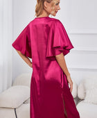 Satin Flutter Sleeve Side Slit V-Neck Night Dress - Body By J'ne