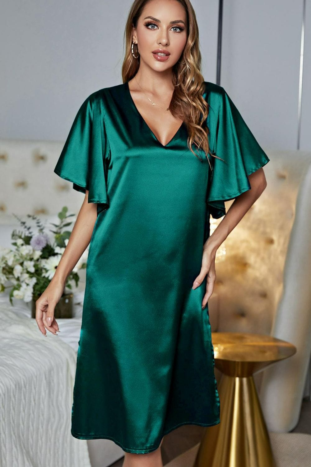 Satin Flutter Sleeve Side Slit V-Neck Night Dress - Body By J'ne