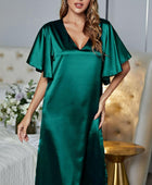 Satin Flutter Sleeve Side Slit V-Neck Night Dress - Body By J'ne