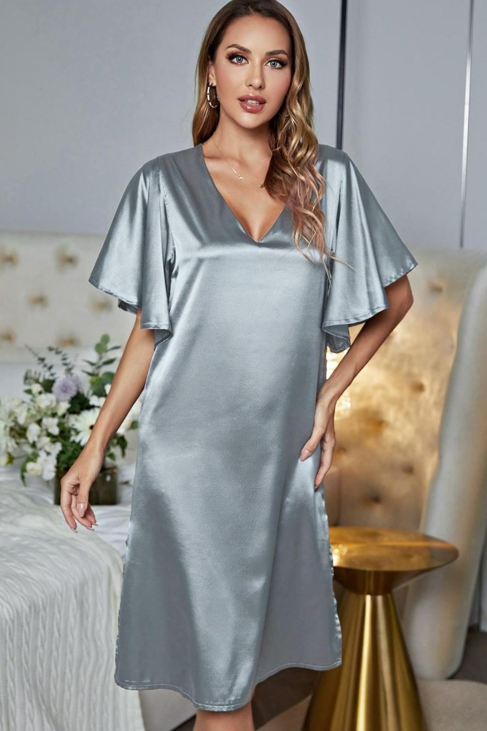 Satin Flutter Sleeve Side Slit V-Neck Night Dress - Body By J'ne