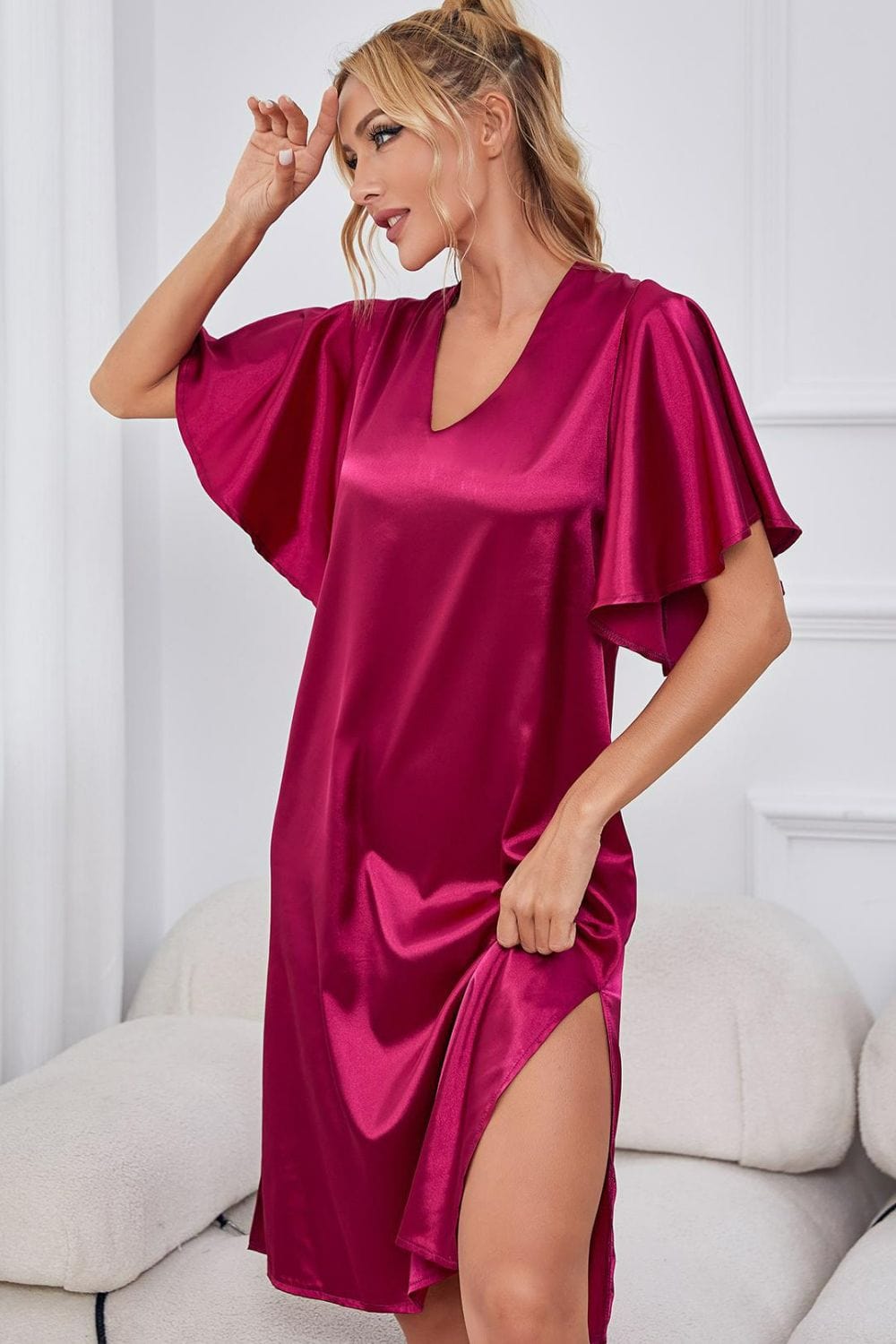 Satin Flutter Sleeve Side Slit V-Neck Night Dress - Body By J'ne