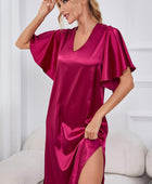 Satin Flutter Sleeve Side Slit V-Neck Night Dress - Body By J'ne