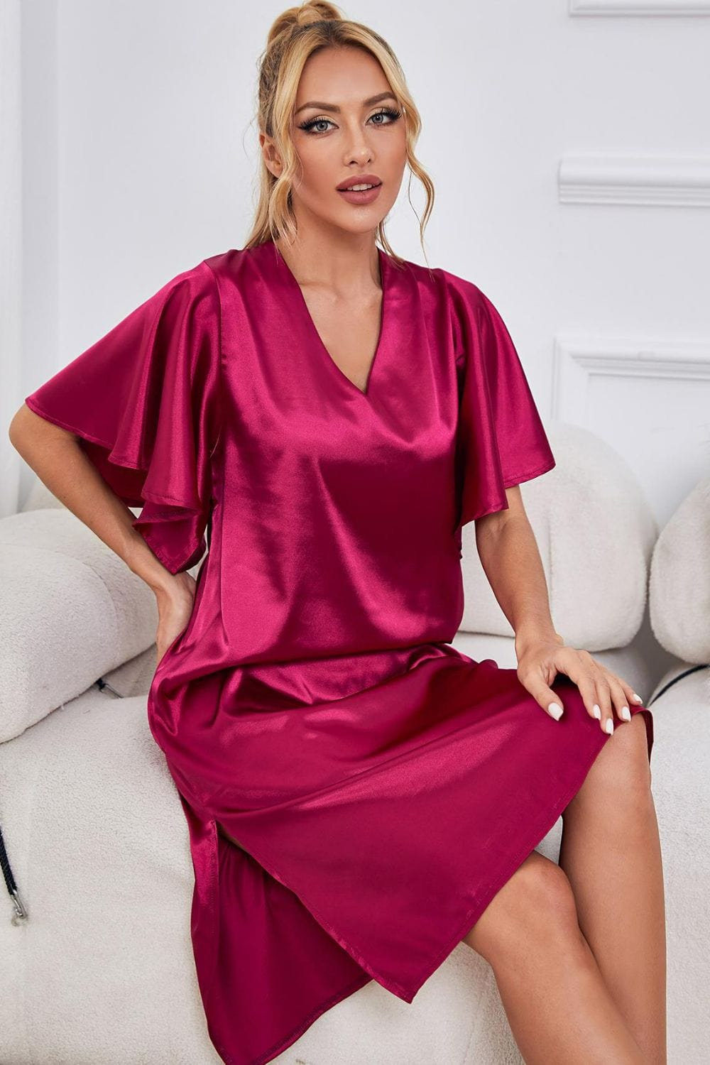 Satin Flutter Sleeve Side Slit V-Neck Night Dress - Body By J'ne