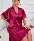 Satin Flutter Sleeve Side Slit V-Neck Night Dress - Body By J'ne