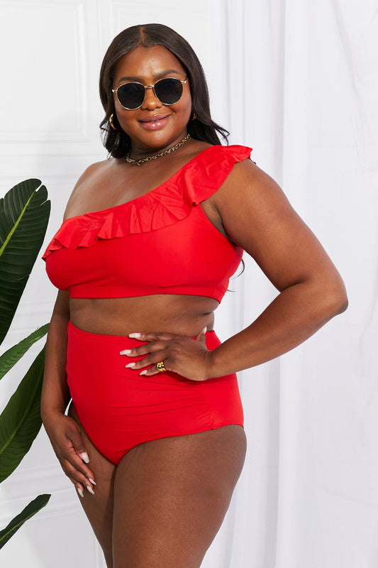 Seaside Romance Ruffle One-Shoulder Bikini in Red - Body By J'ne