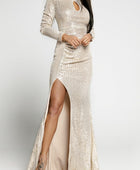 Sequin Cutout Ruched Split Long Sleeve Maxi Dress - Body By J'ne