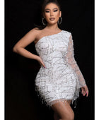 Sequin One Shoulder Spliced Mesh Sleeve Dress - Body By J'ne