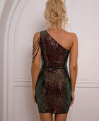 Sequin Rhinestone Chain Detail One-Shoulder Bodycon Dress - Body By J'ne