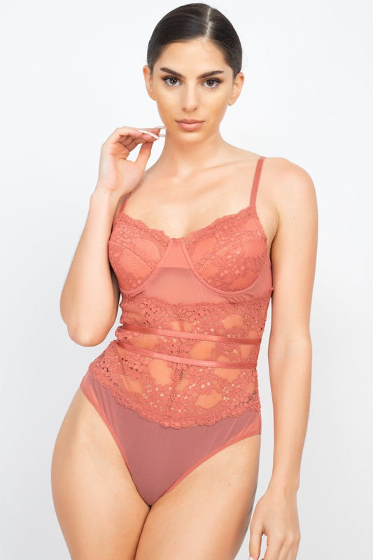 Sheer Lace Floral Padded Bodysuit - Body By J'ne