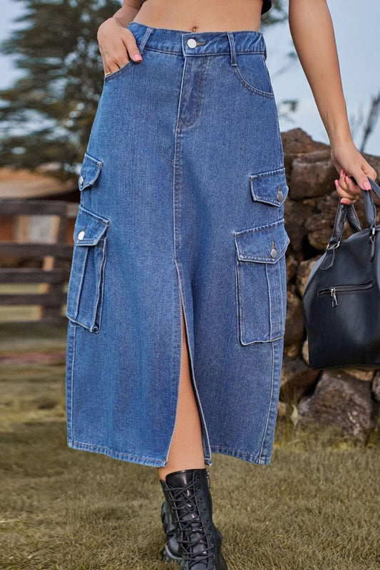 Slit Front Midi Denim Skirt with Pockets - Body By J'ne