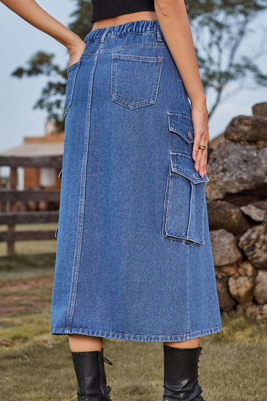 Slit Front Midi Denim Skirt with Pockets - Body By J'ne